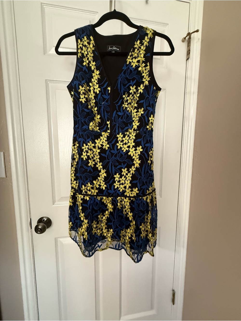 Sam Edelman Black Dress with Yellow Floral & Blue Leaf Embroidery